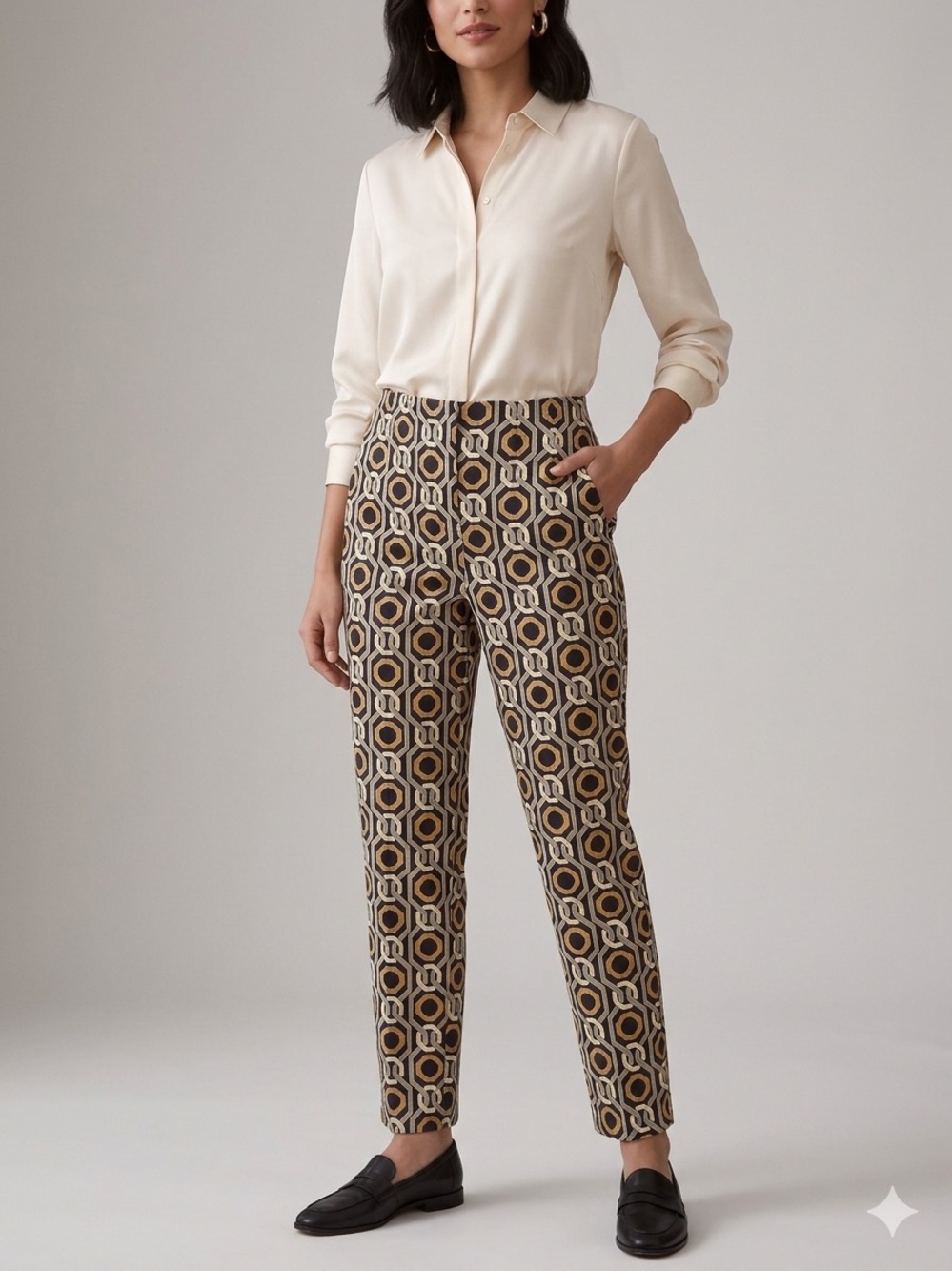 Zara Brown & Cream Midcentury Geometric Straight-Leg Pants indie boho‎